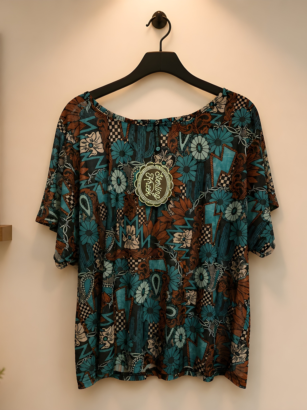 Boho Floral Short-Sleeve Tunic in Teal and Brown